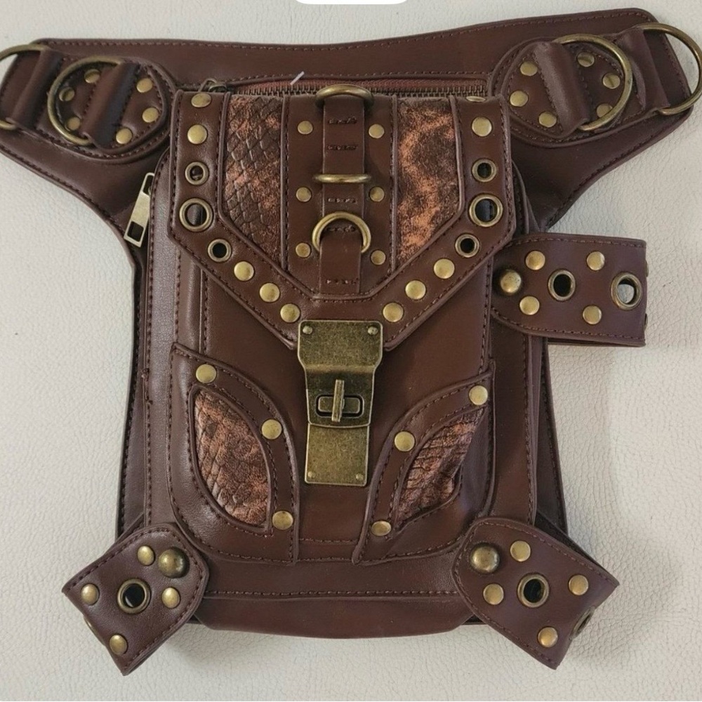 Steampunk Brown Faux Leather Drop Leg Bag Utility Holster Waist Pack Rivets New.